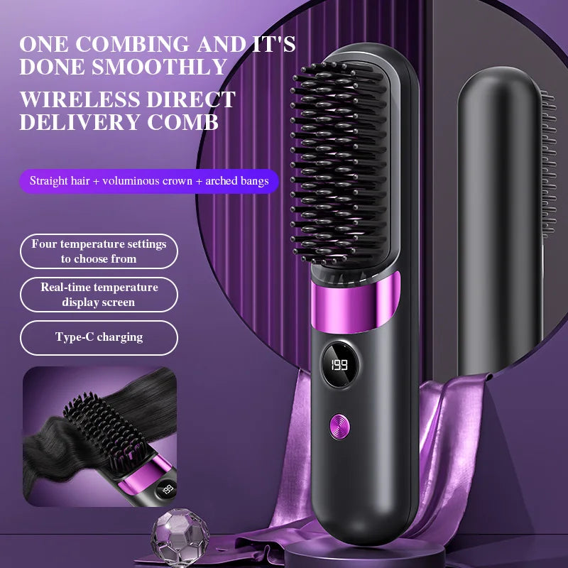 Wireless Hair Straightening & Curling Comb – Rechargeable Ceramic Hot Brush 200°C