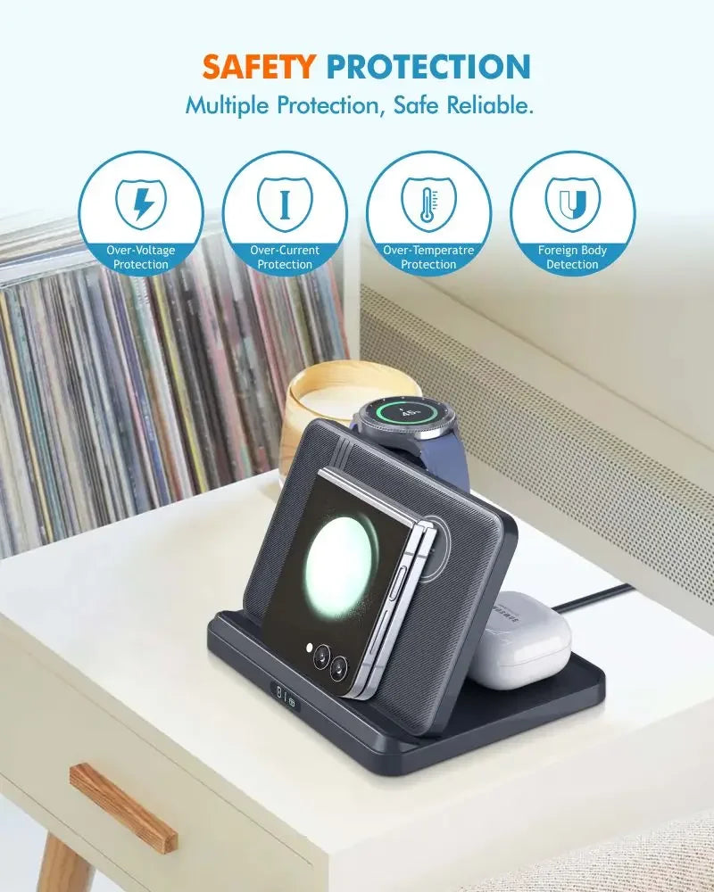 VIKEFON Foldable 3-in-1 Wireless Charger with Cooling Fan for Samsung Devices