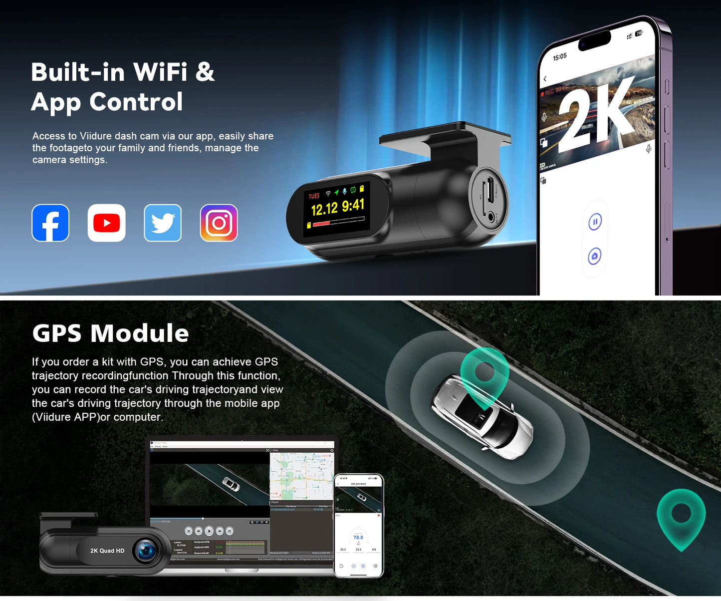 Soam 2.5K WiFi Dash Cam with GPS & Parking Monitor – 1440P Night Vision DVR