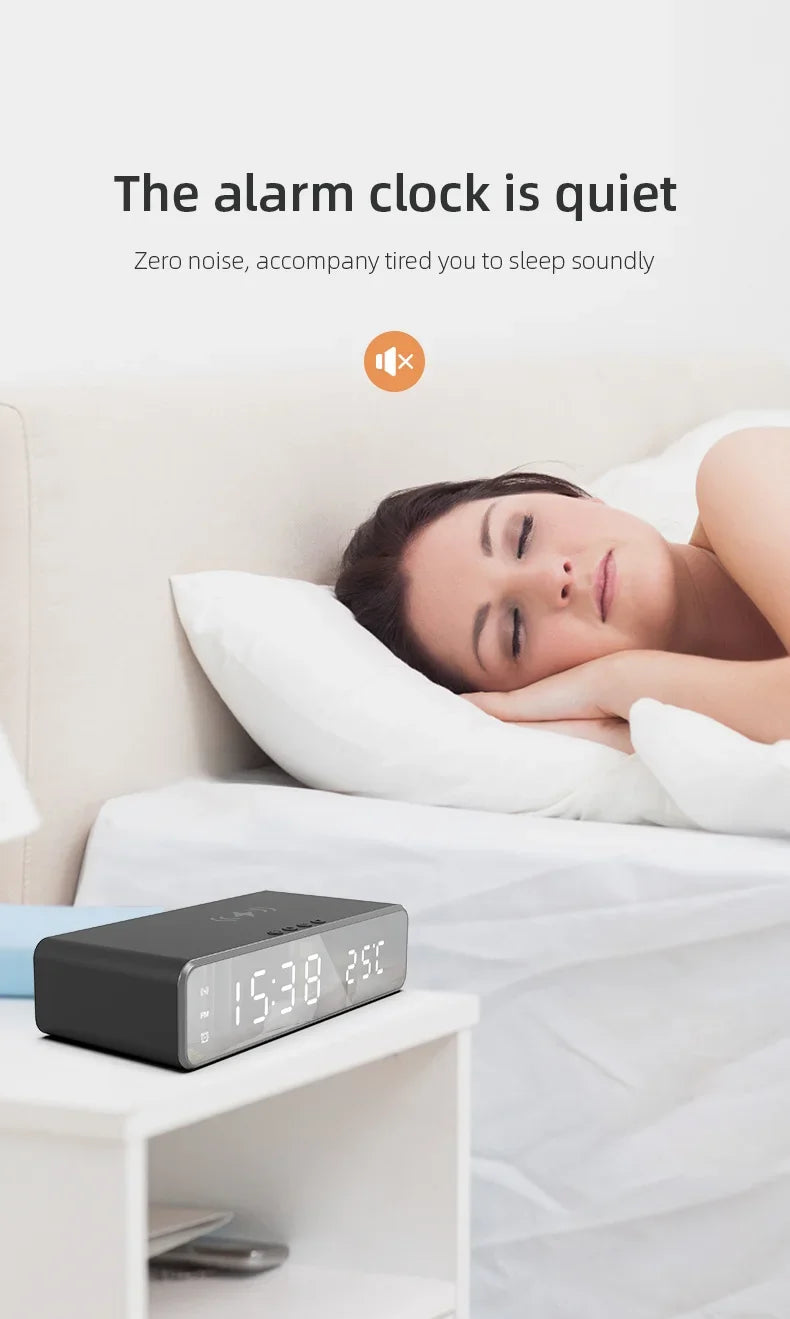 Opansten Wireless Charging Alarm Clock – 5W Qi Charger with Time, Temperature & LED Display