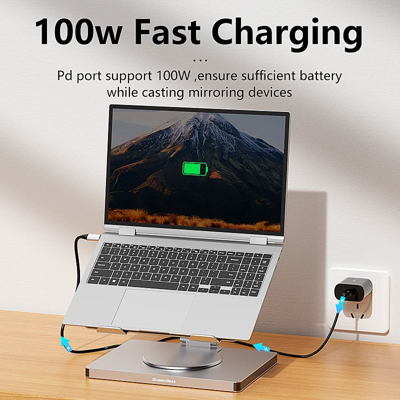 Aluminum Laptop Stand Hub 10-in-1 – USB-C Dock with 4K@60Hz HDMI, SD/TF & RJ45