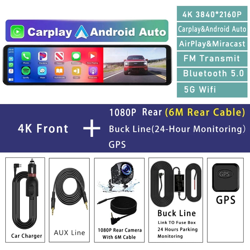 11.26” 4K Rearview Mirror DVR | CarPlay, Android Auto, GPS Ready
