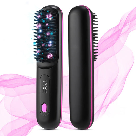 Cordless Hair Straightener Brush – Wireless Ceramic Heated Comb with Ions