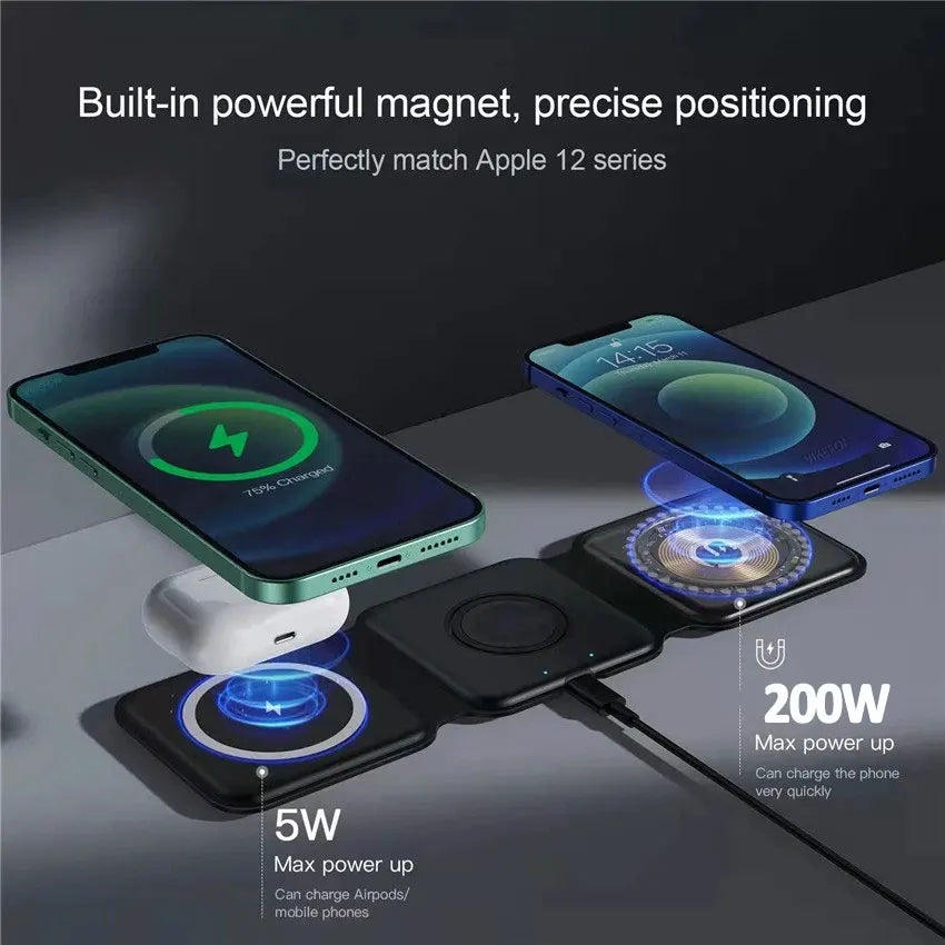 VIKEFON 3-in-1 Magnetic Wireless Charger 15W | Foldable Fast Charging Stand for iPhone, Apple Watch & AirPods