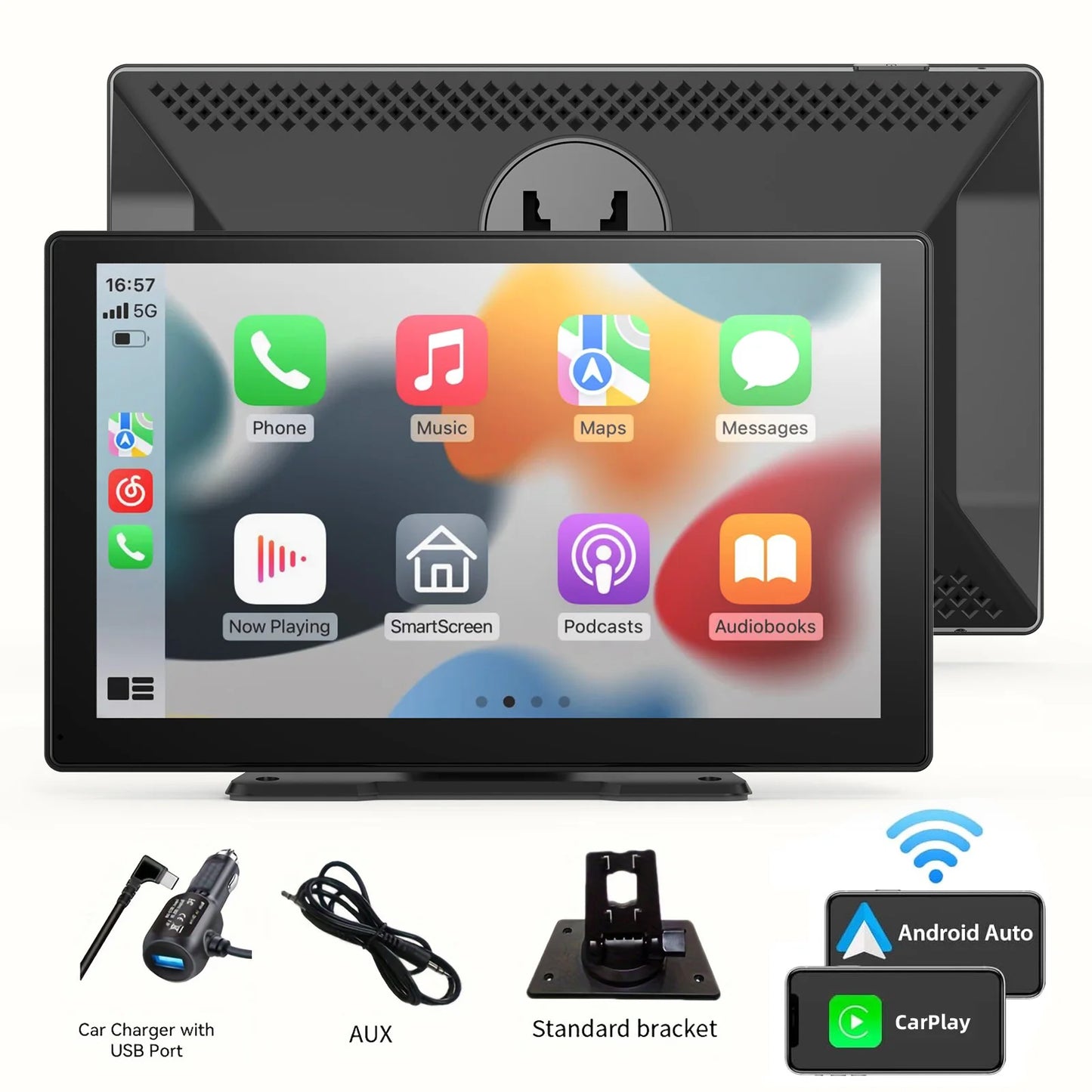 Pionray 10.26” Portable Wireless CarPlay & Android Auto Screen with Dual Camera Support