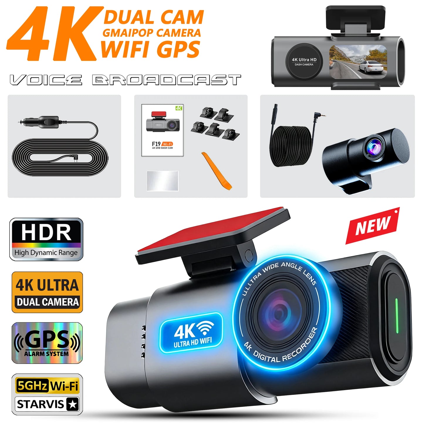 GMAIPOP 4K Dash Cam with GPS – Front & Rear Car DVR, WiFi, Night Vision & Parking Monitor
