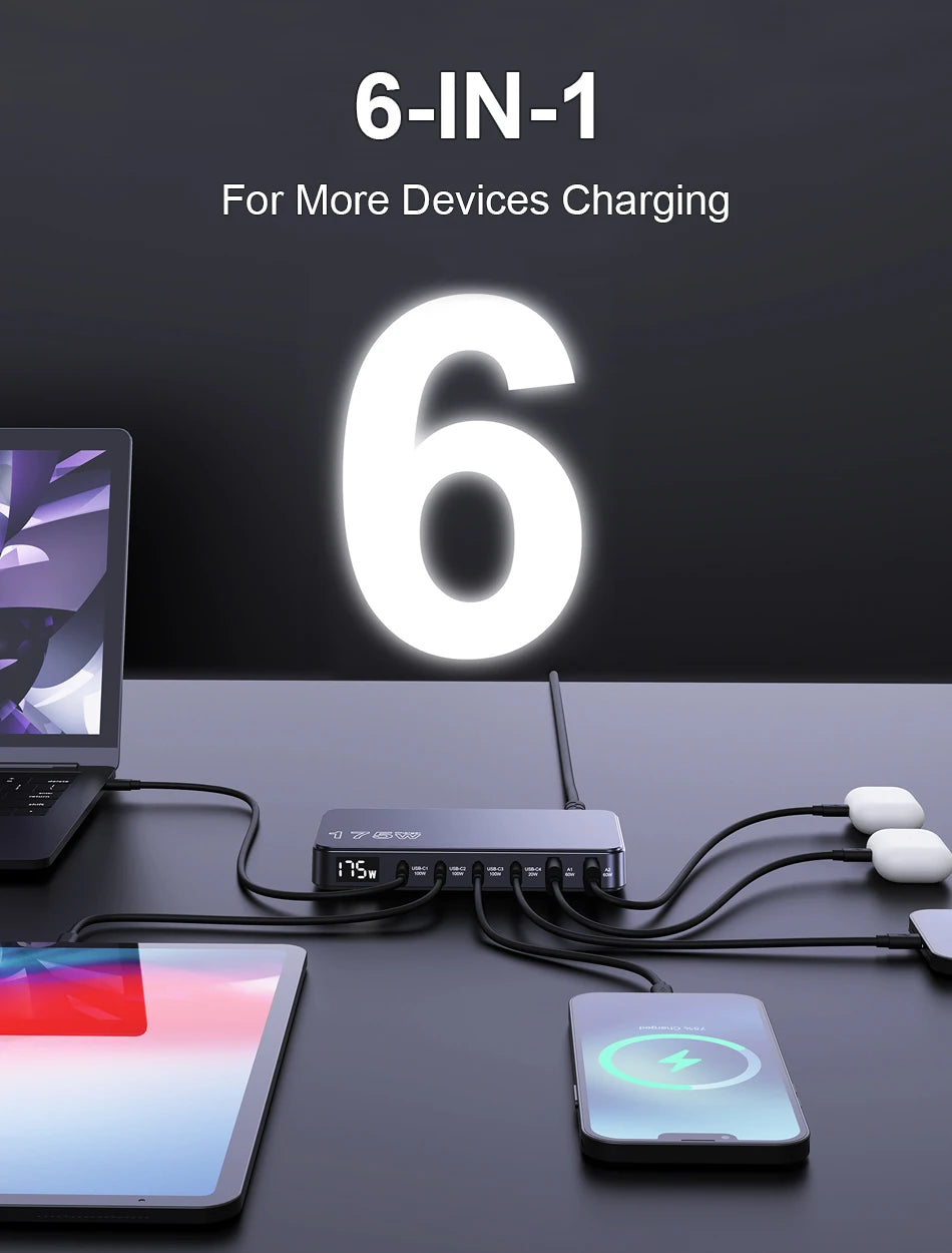 175W USB-C GaN Desktop Charger – LED Display, PD 100W, QC 60W Multi-Device