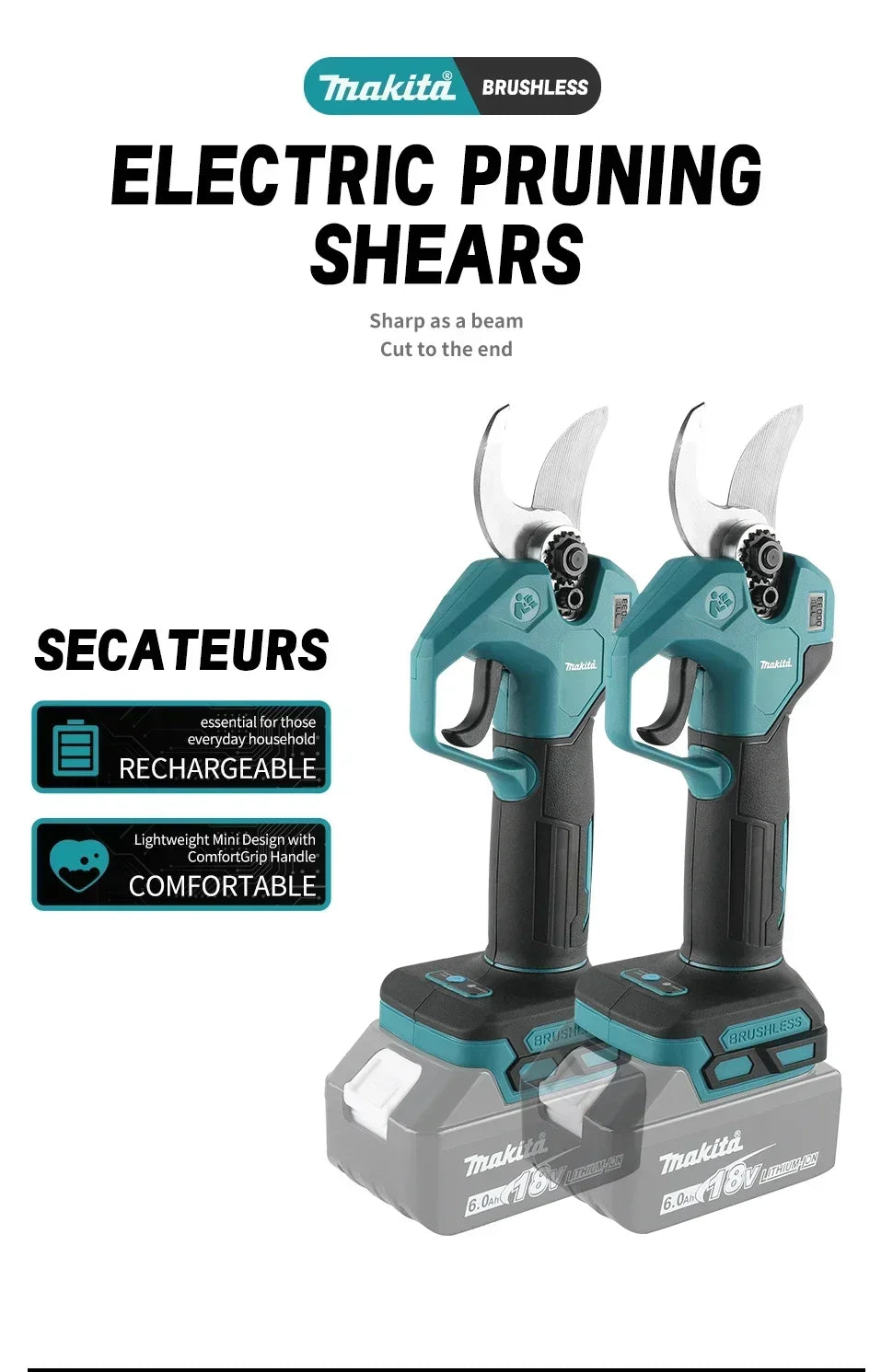 Makita Cordless Electric Pruning Shears 18V – Brushless Motor, SK5 Steel Blade, LCD Display