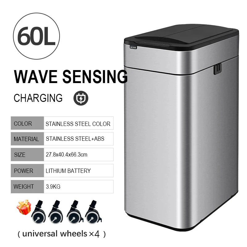 mart Stainless Steel Trash Can 20–60L – Touchless Sensor Kitchen Bin with Wheels