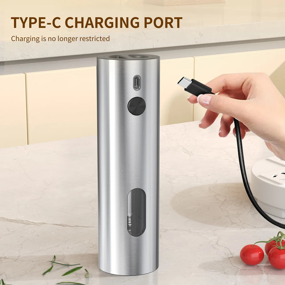 Electric Salt & Pepper Grinder Set – USB Rechargeable Stainless Steel Mills with 6-Level External Coarseness & LED Light (110ml)