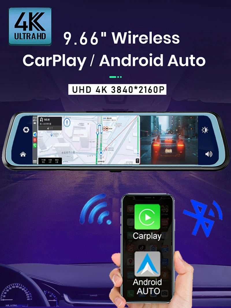 10″ 4K Car DVR Touch Screen with Wireless CarPlay & Android Auto – Front & Rear Dash Cam