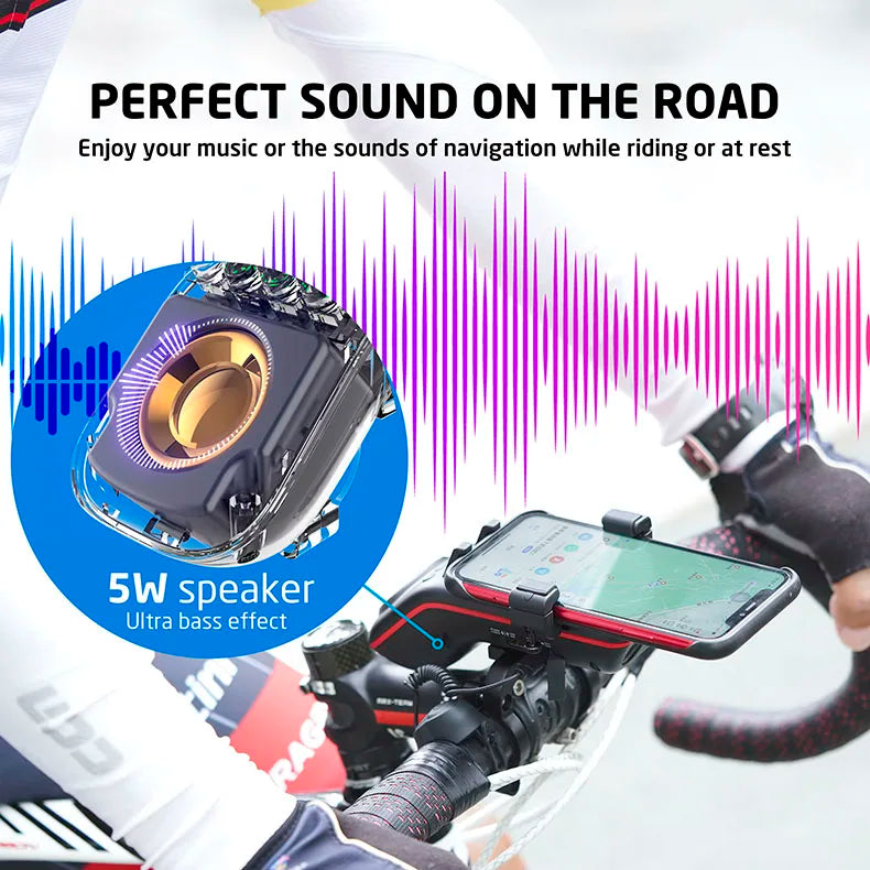 UPPEL M208 4-in-1 Bike Phone Mount with Bluetooth Speaker, LED Headlight & Horn – 5000mAh Rechargeable Handlebar Holder