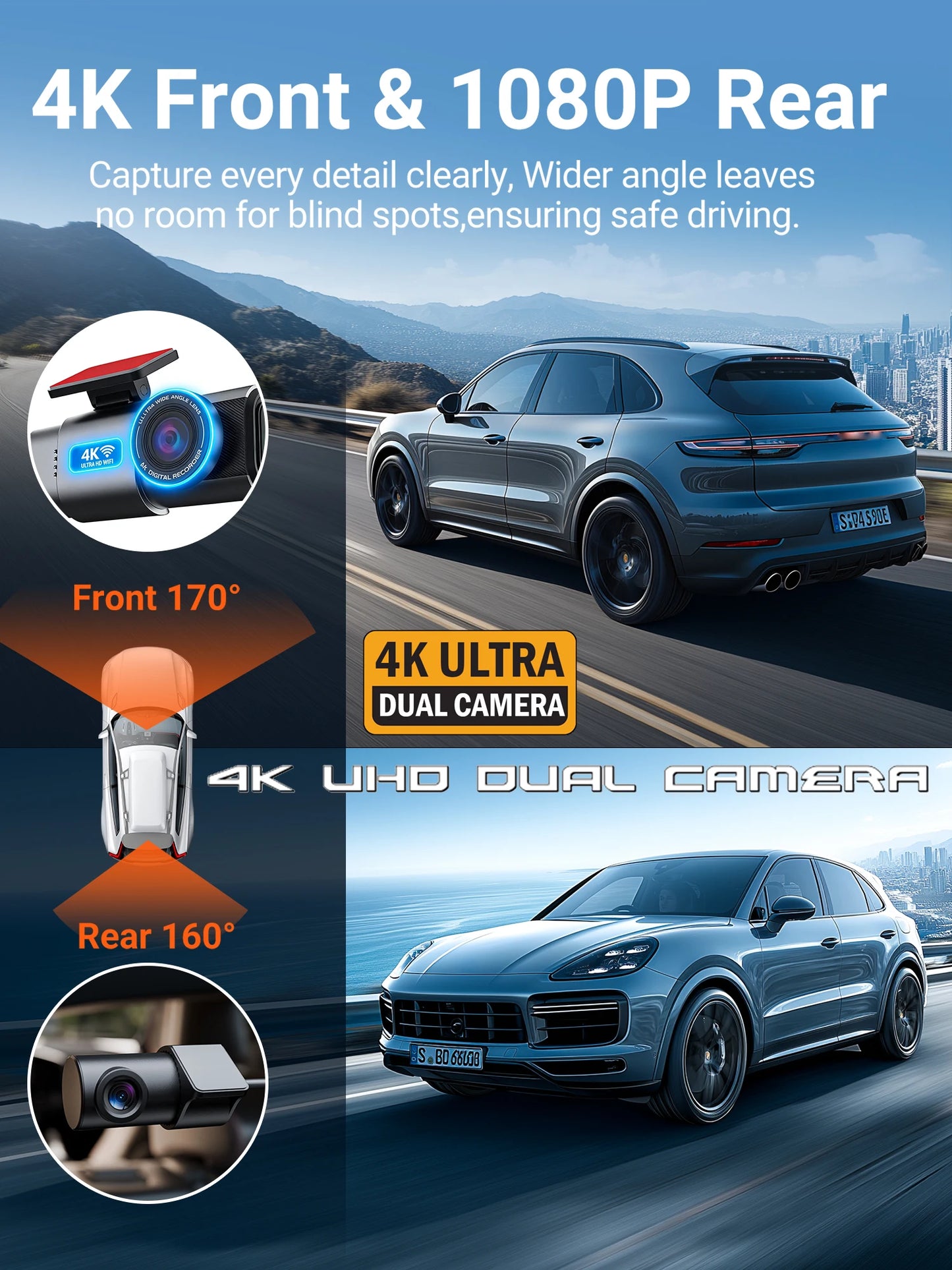 GMAIPOP 4K Dash Cam with GPS – Front & Rear Car DVR, WiFi, Night Vision & Parking Monitor