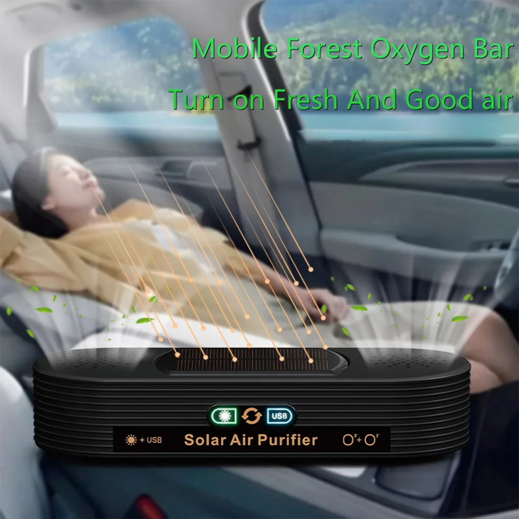 Solar USB Car Air Purifier – Dual-Mode Ion & Active Oxygen Ozone Cleaner with Auto Power Switch