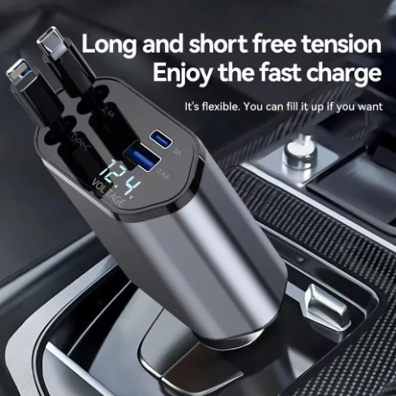 4-in-1 Retractable Car Charger with Starry Sky Ambient Light – USB-C Fast Charging & Dual Built-In Cables (12–24V Universal)