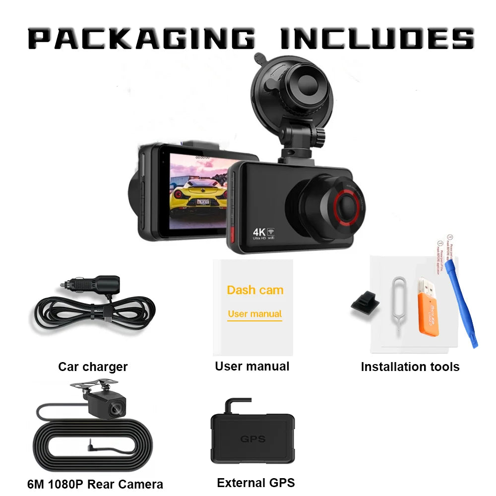 QOZ 4K Dual Lens Dash Cam – Front & Rear Car DVR with WiFi, Night Vision & Parking Monitor