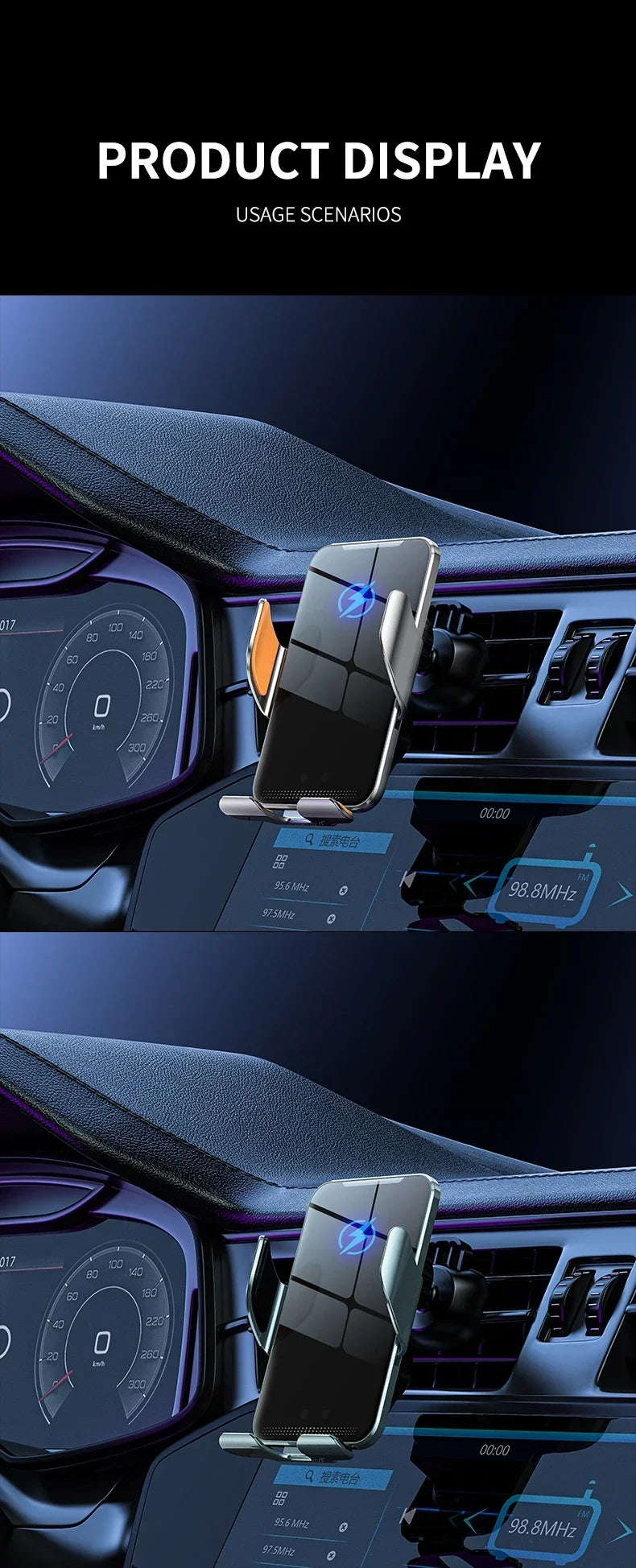 VIKEFON Qi Wireless Car Charger – One-Hand Auto Clamp with Cooling Fan