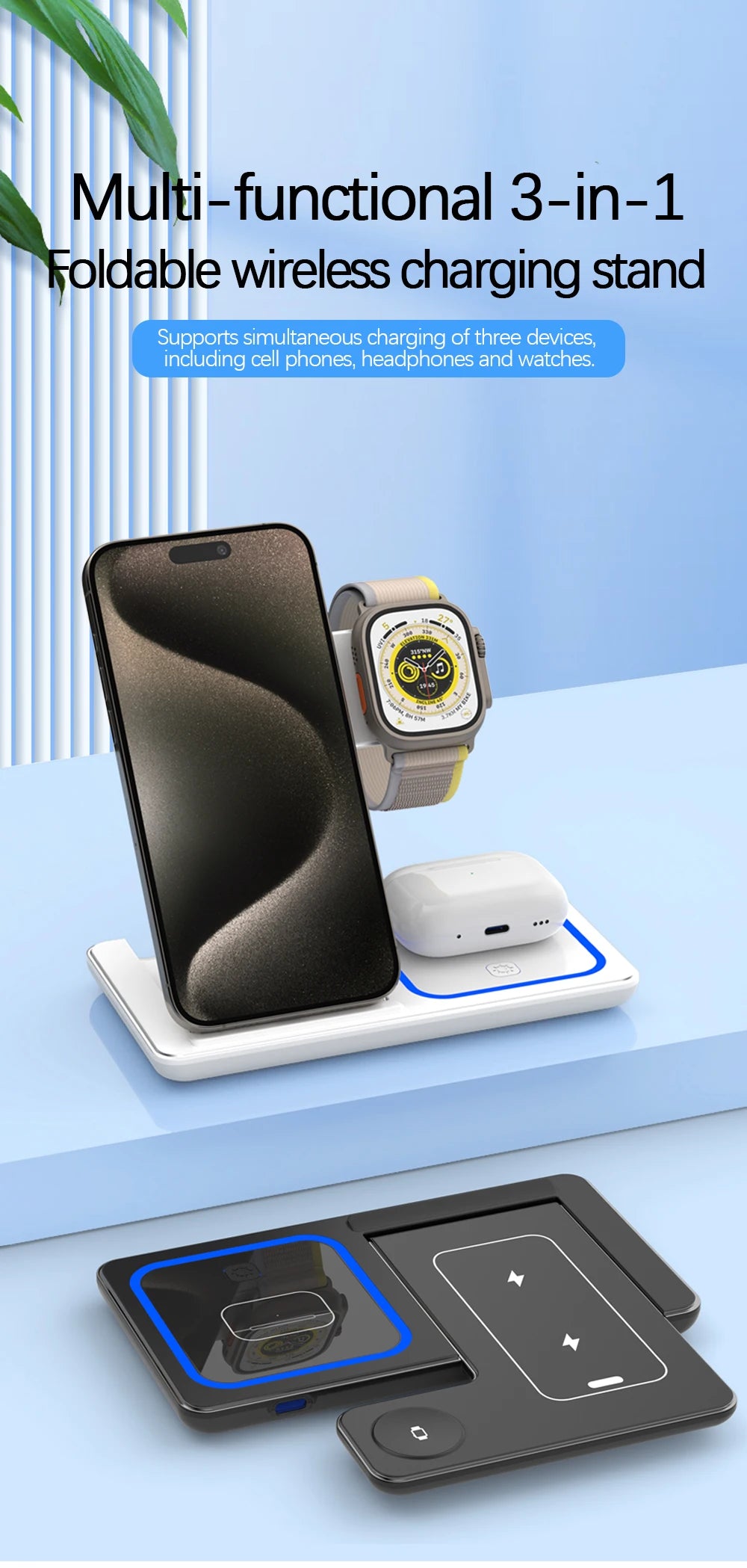 3-in-1 Foldable Fast Wireless Charger for iPhone, Watch & AirPods