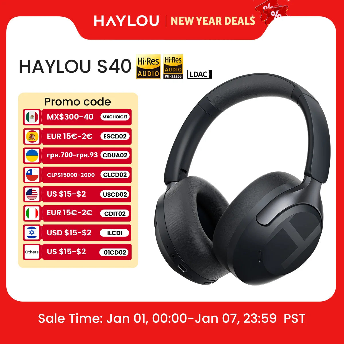 S40 ANC Wireless Headphones – 50dB Noise Cancelling, LDAC, 90H Battery