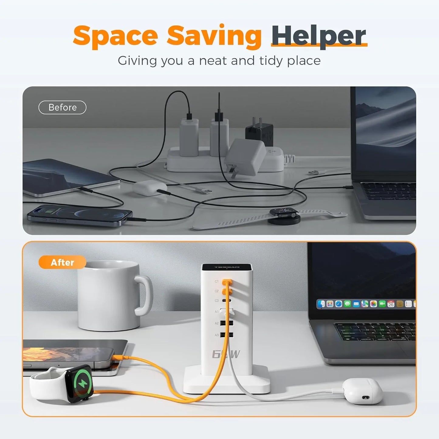 65W Multi-Port USB Charging Station – GaN Fast Charger with 3 USB-C + 3 USB-A (AU)