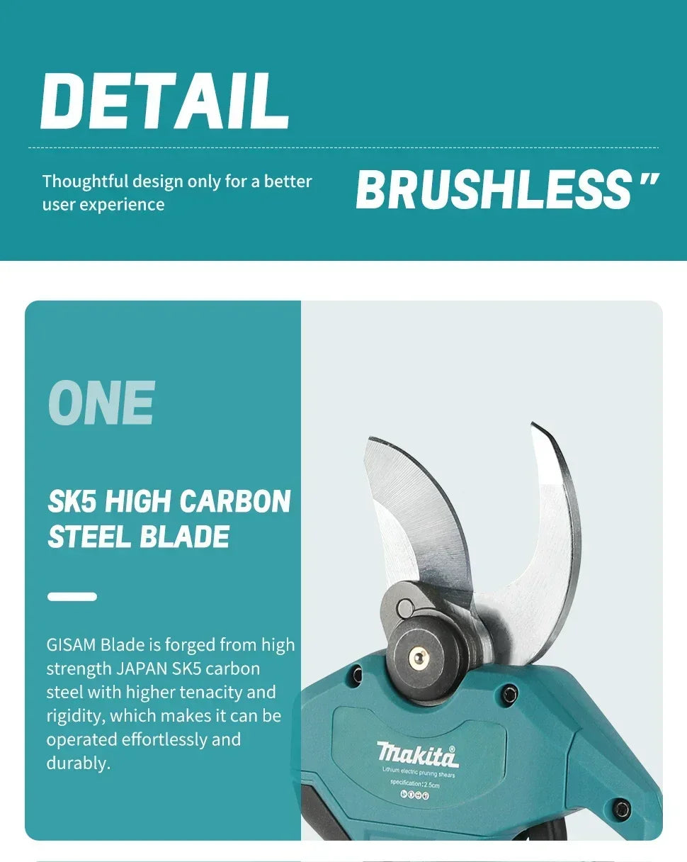 Makita Cordless Electric Pruning Shears 18V – Brushless Motor, SK5 Steel Blade, LCD Display
