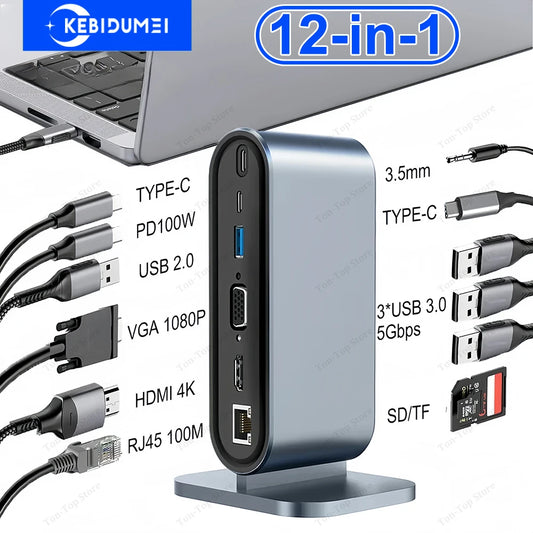 12-in-1 USB-C Docking Station – 4K HDMI, 100W PD, RJ45, Card Reader Hub