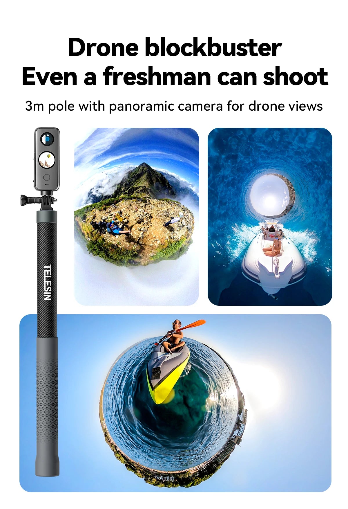 Carbon Fiber Selfie Stick 3m – Lightweight Extendable Pole for GoPro & Action Cameras