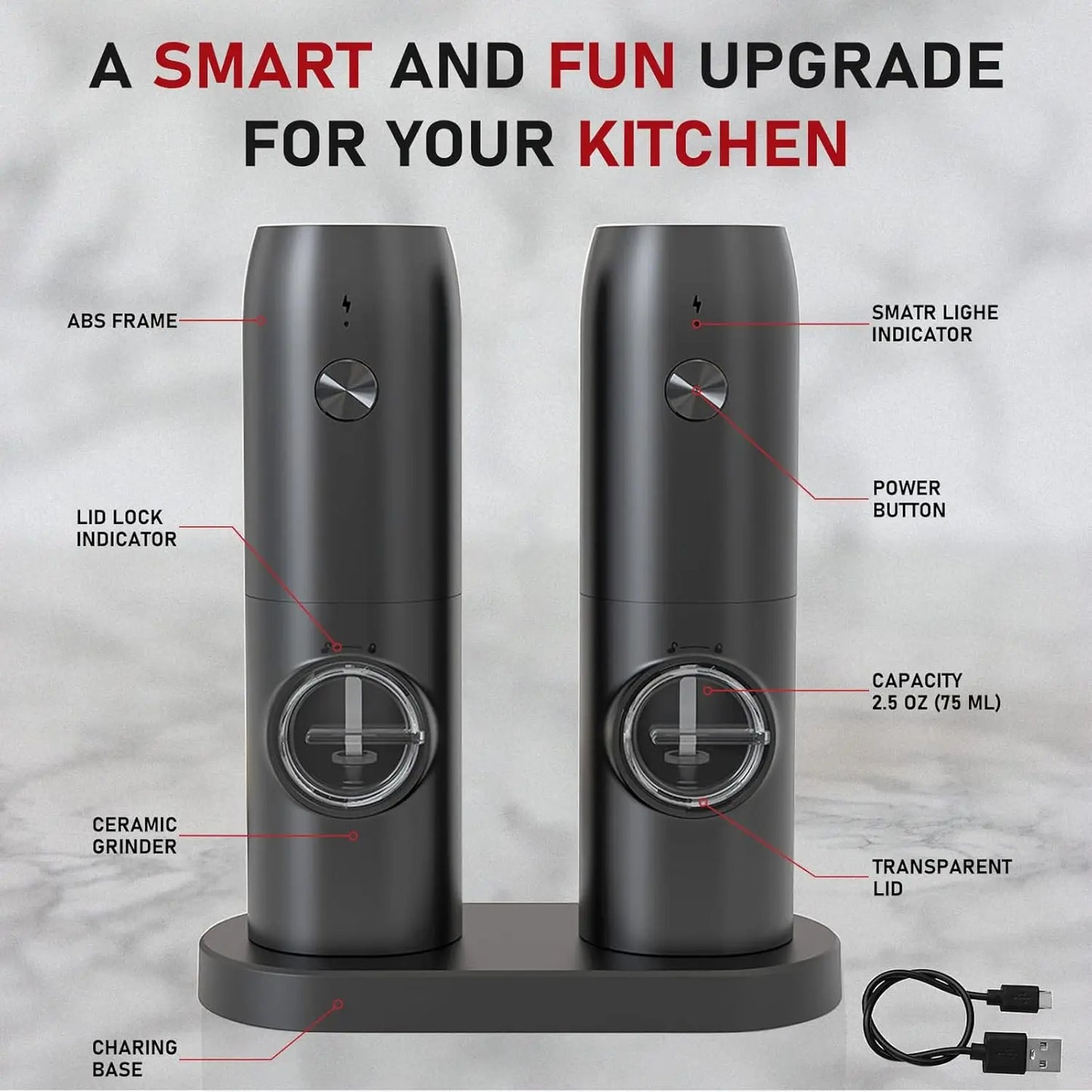 OEIN Electric Salt & Pepper Grinder – Rechargeable One-Hand Automatic Mill