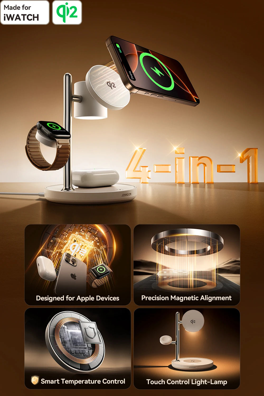 JOYROOM Qi2 4-in-1 Wireless Charging Station – 15W Fast MagSafe Charger with Night Lamp