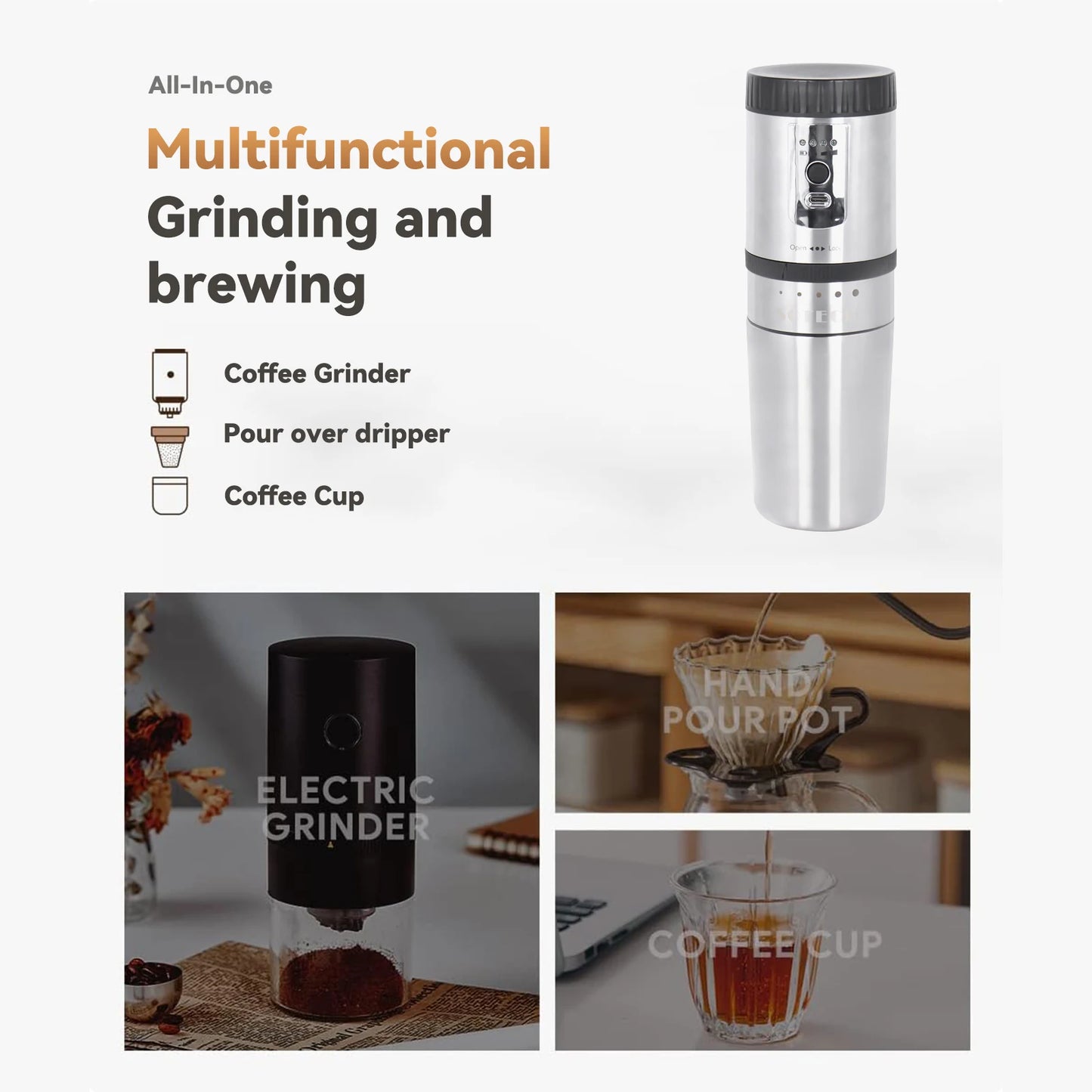 SENSEMAKE Portable Electric Coffee Maker with Grinder – Rechargeable 3-in-1 Travel Brewer