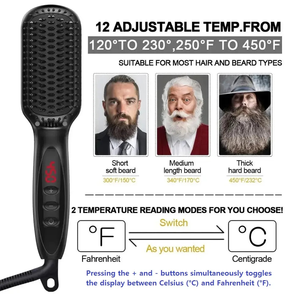 Electric Beard & Hair Straightener Brush – Anti-Scald Ceramic Heated Styling Comb
