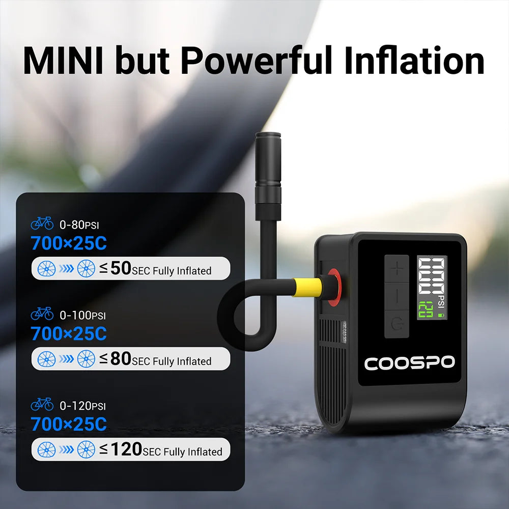 COOSPO Smart Electric Bicycle Tire Pump with Digital Pressure Display Rechargeable Portable Inflator