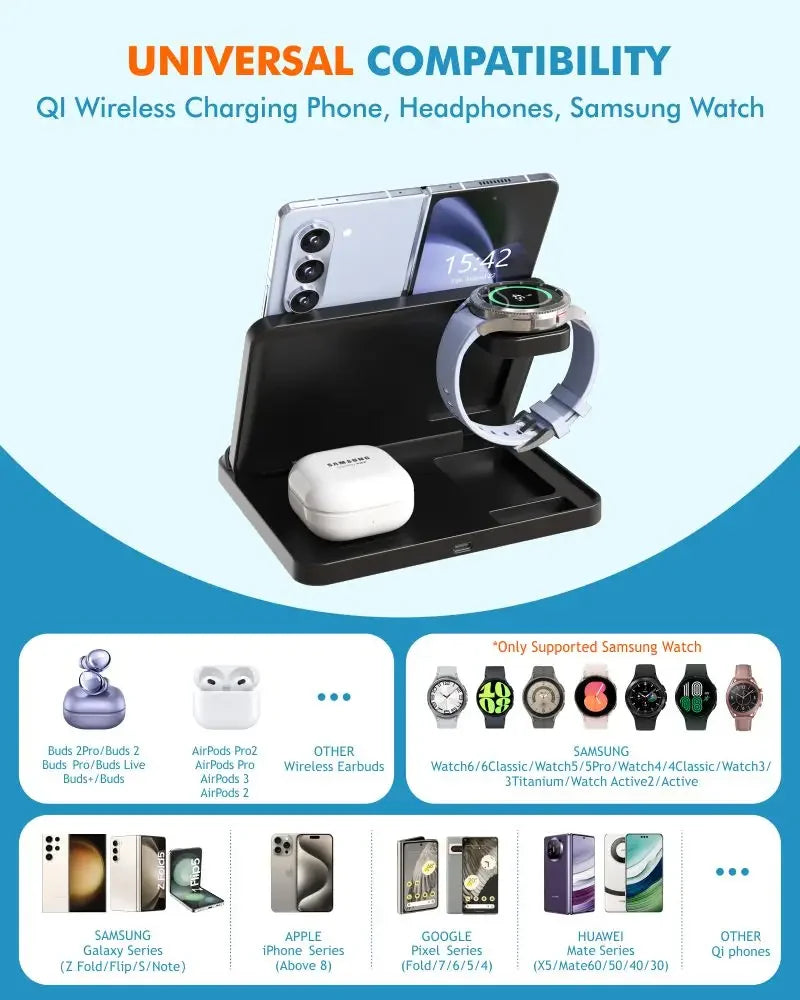 VIKEFON Foldable 3-in-1 Wireless Charger with Cooling Fan for Samsung Devices