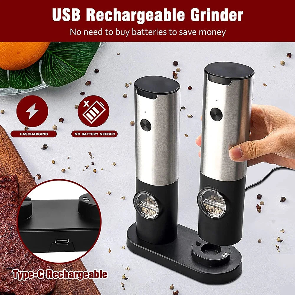 Automatic Salt & Pepper Grinder Set – Electric USB Rechargeable Spice Mills