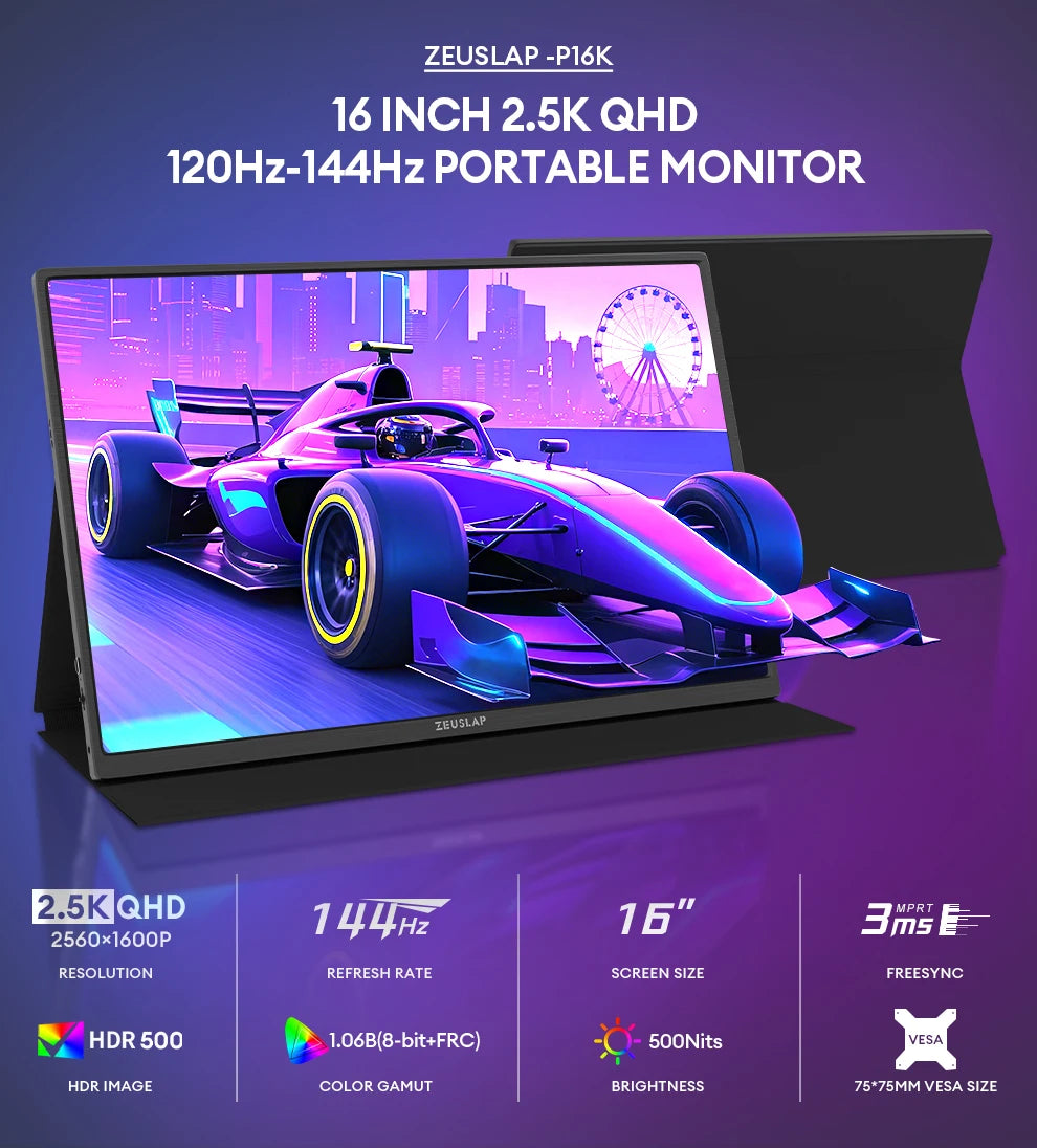 EUSLAP P16K 16 Inch QHD Portable Monitor | 144Hz 16:10 IPS | 500 Nits HDR500 | USB-C / HDMI