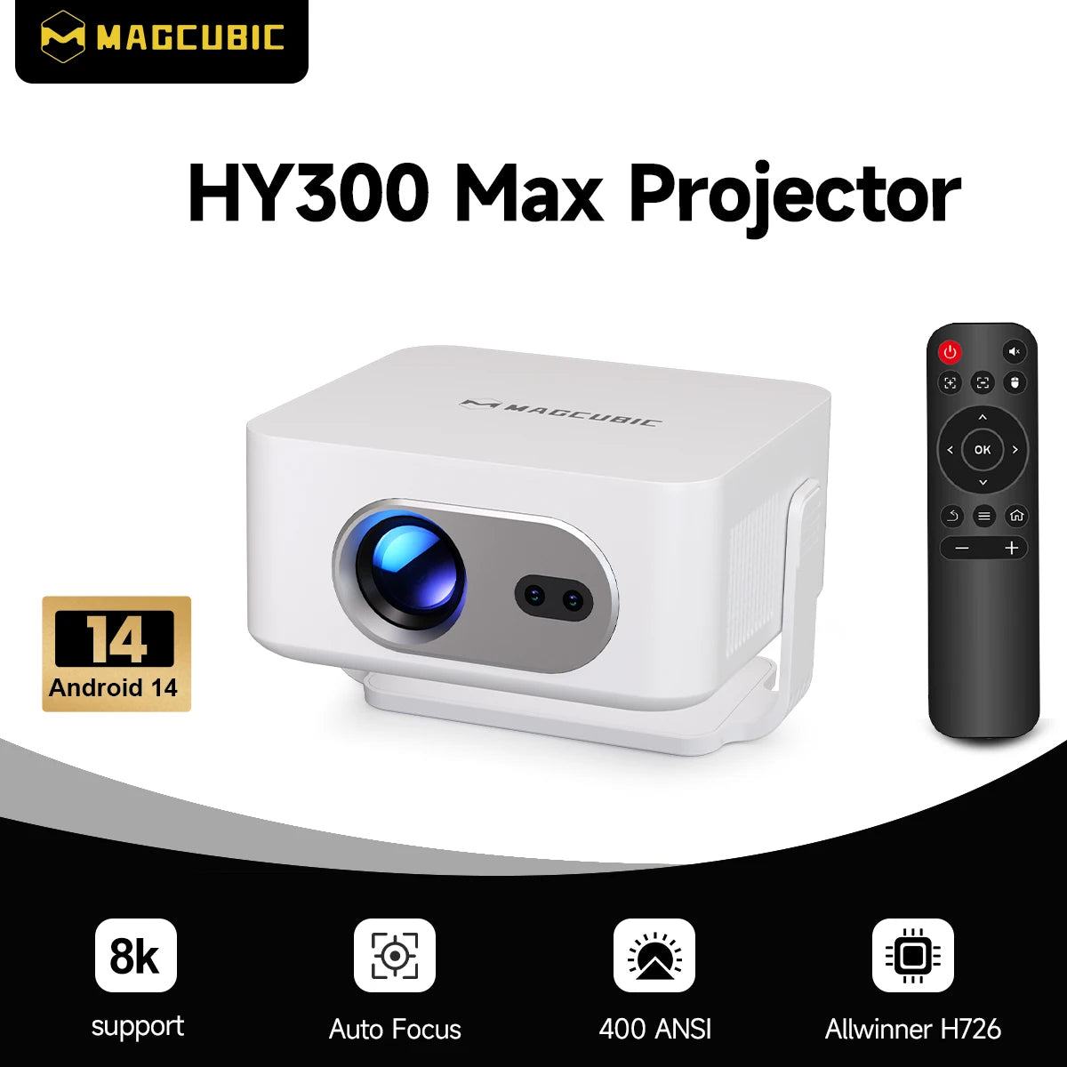 HY300 Max Smart Projector – Android 14, 400 ANSI, Auto Focus & Keystone