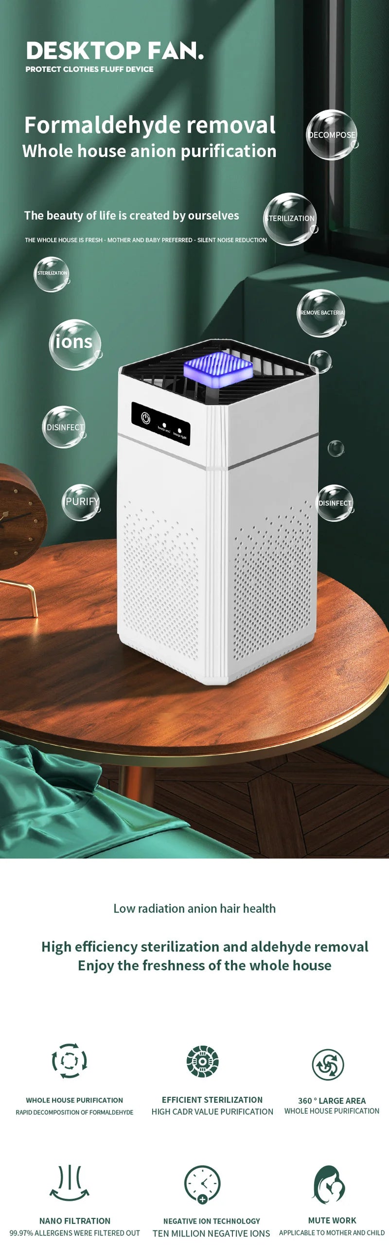 ROFAELEC High-Power Air Purifier – 300m³/h HEPA Filtration, Solar & USB, Ultra-Quiet