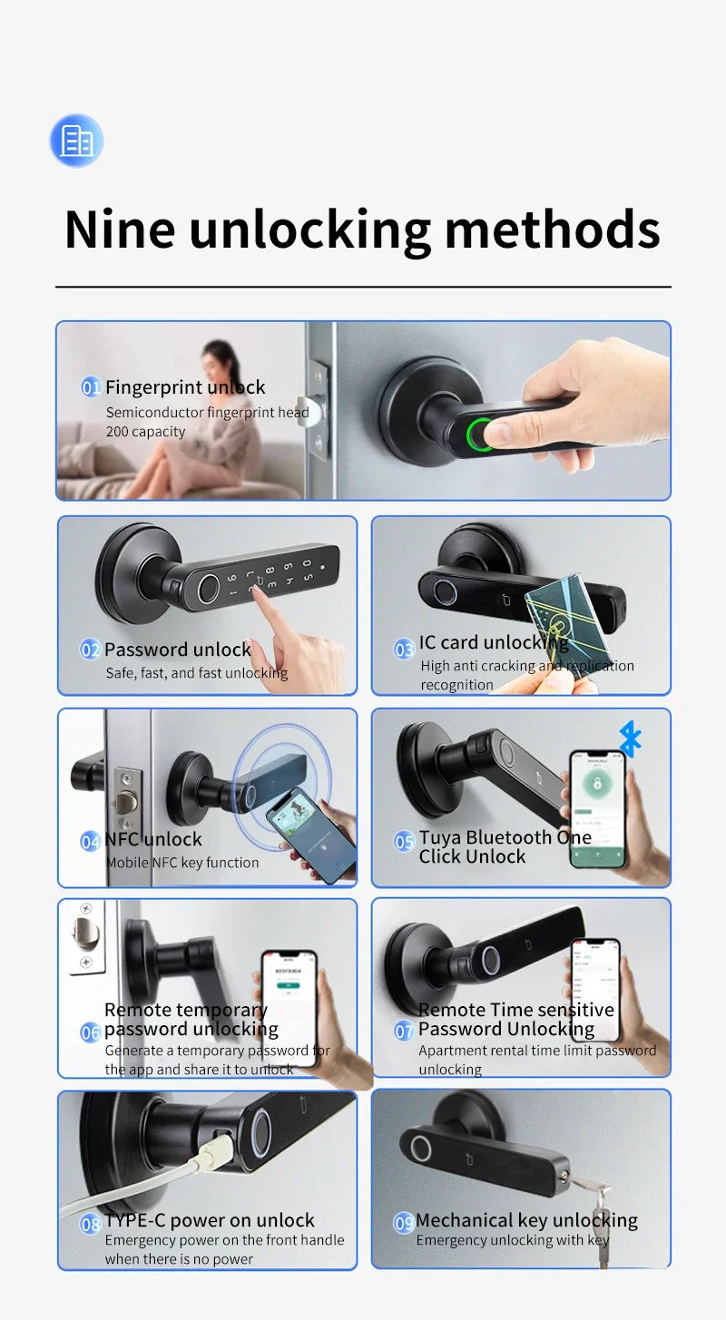 Tuya Smart Door Lock X1/X2 – Fingerprint, Password & App Control with Emergency USB