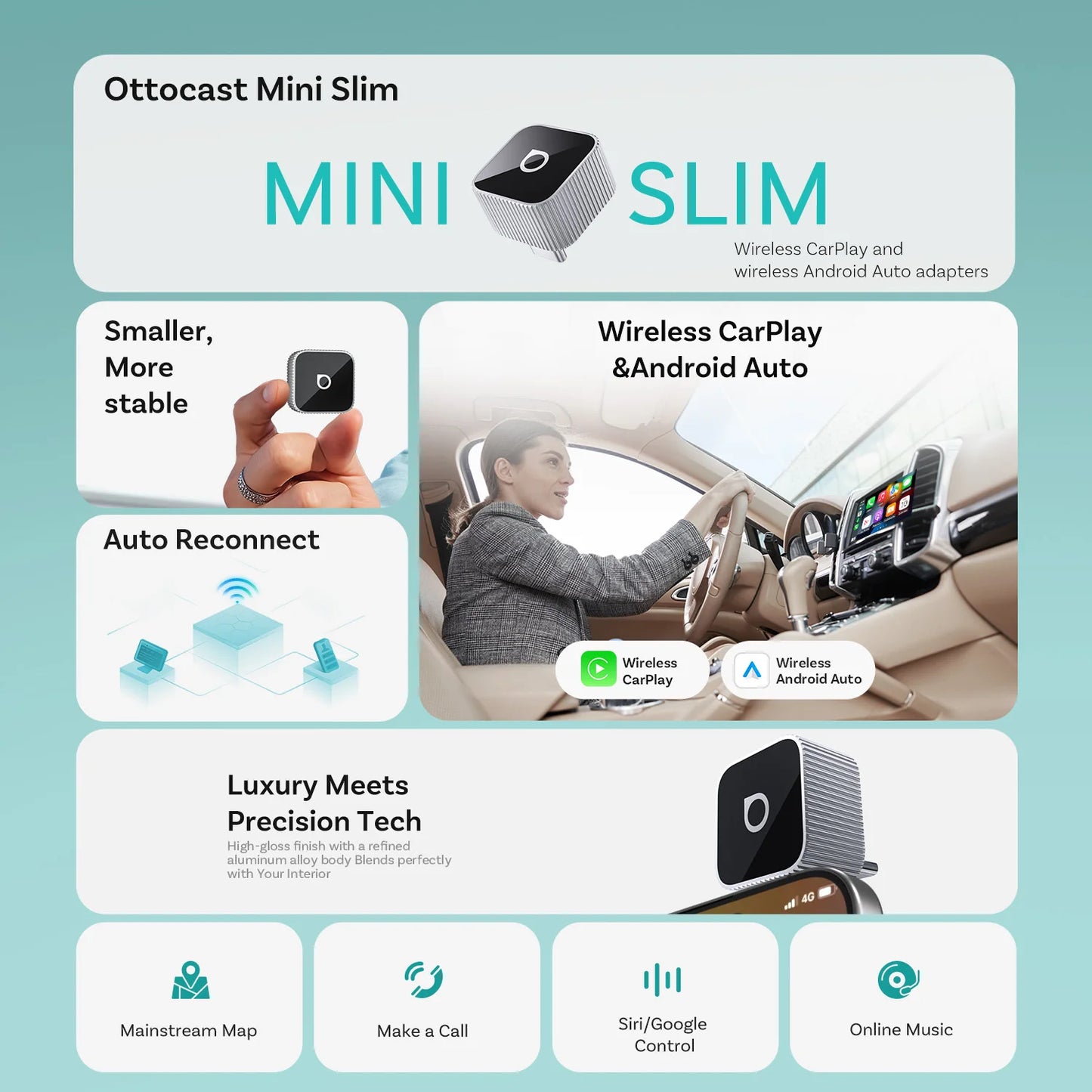 OTTOCAST Mini Slim Wireless CarPlay & Android Auto Adapter – Plug & Play BT 5.0, Linux System (For Wired CarPlay Cars Only)