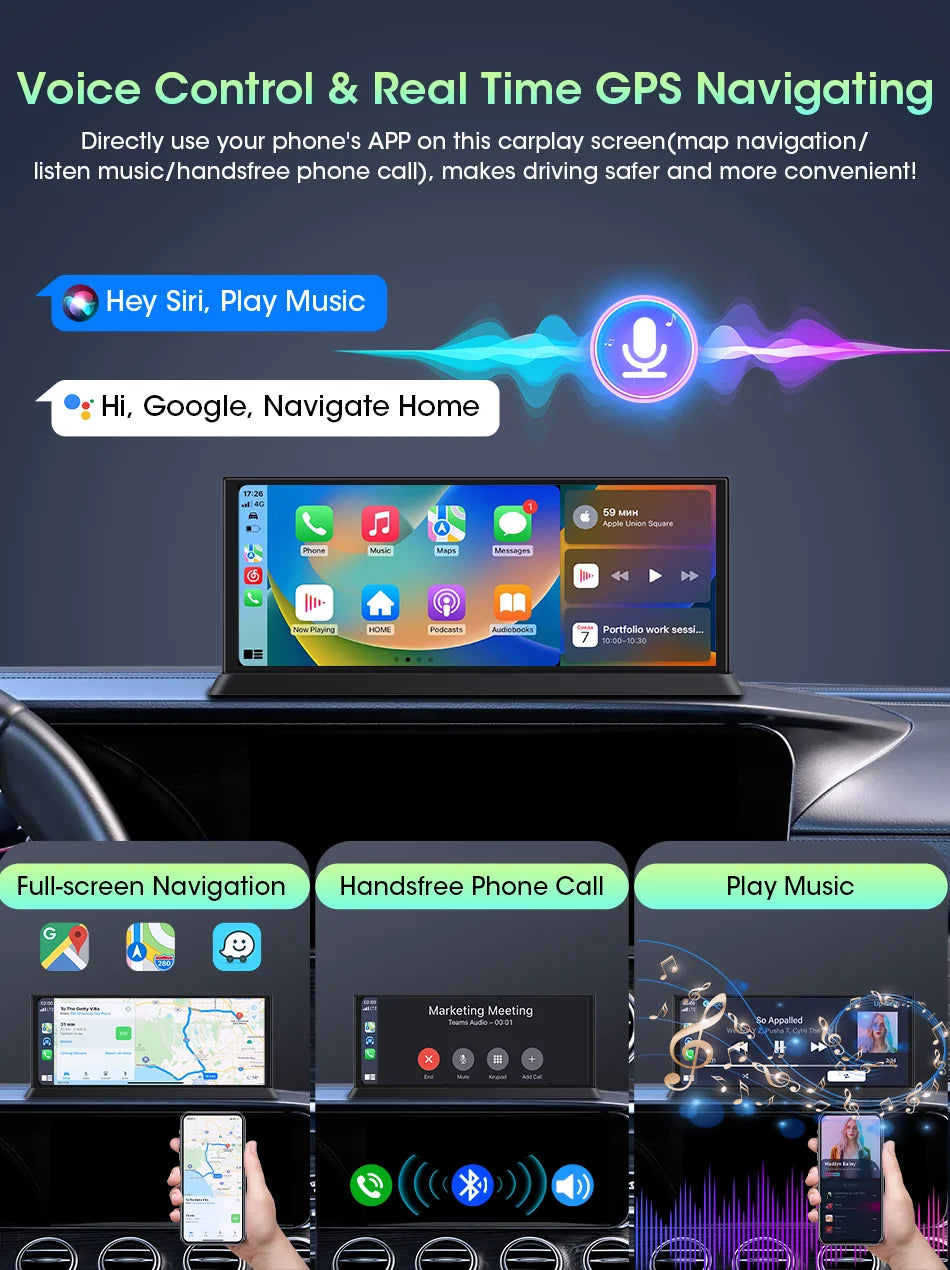 Jansite 10.26"/11.26" Wireless Apple CarPlay & Android Auto Screen with 4K Dash Cam Support