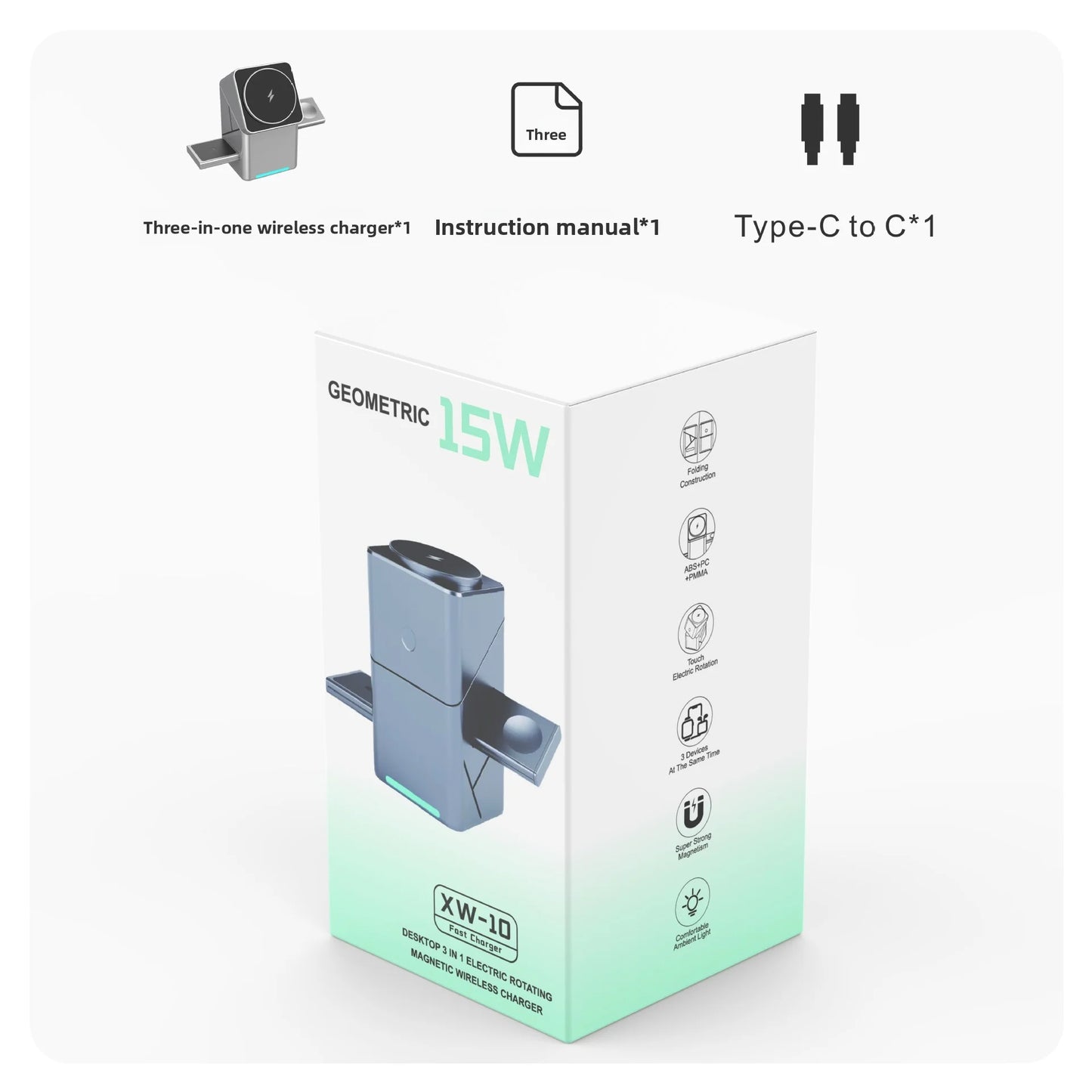 15W Fast Charging 3-in-1  Magic Cube Spin Wireless Charger with Strong Magnetism