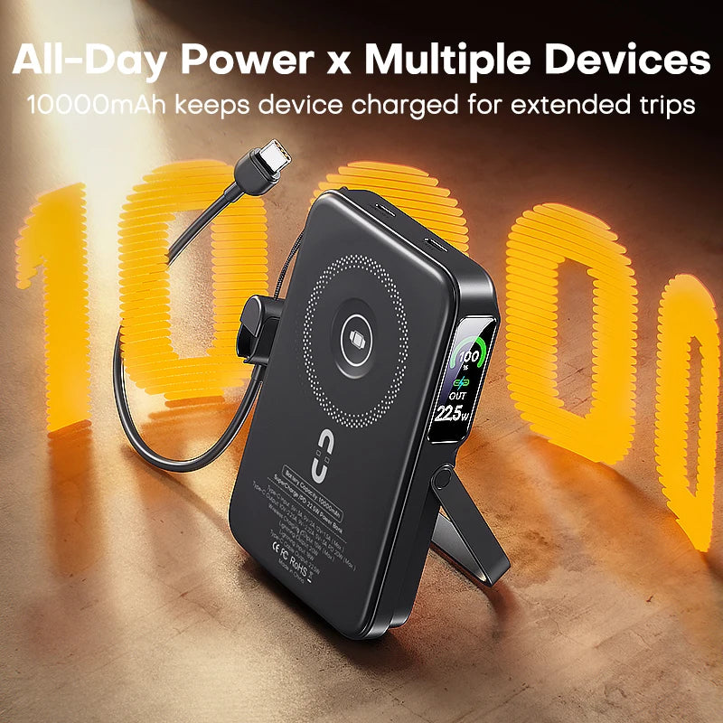 10000mAh Wireless Power Bank – 3-in-1 Magnetic Charger with TFT Display & Stand