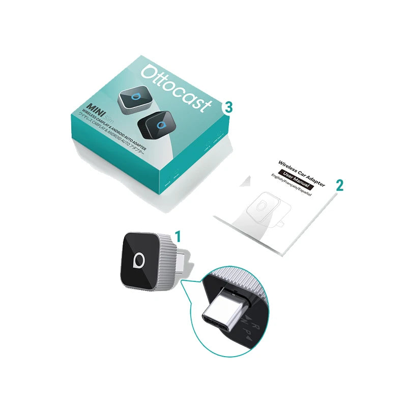 OTTOCAST Mini Slim Wireless CarPlay & Android Auto Adapter – Plug & Play BT 5.0, Linux System (For Wired CarPlay Cars Only)