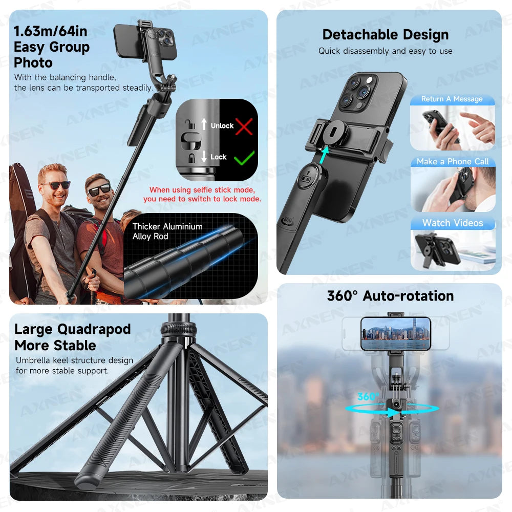 AI Face Tracking Selfie Stick Tripod – 1.63m Smart Quadrapod