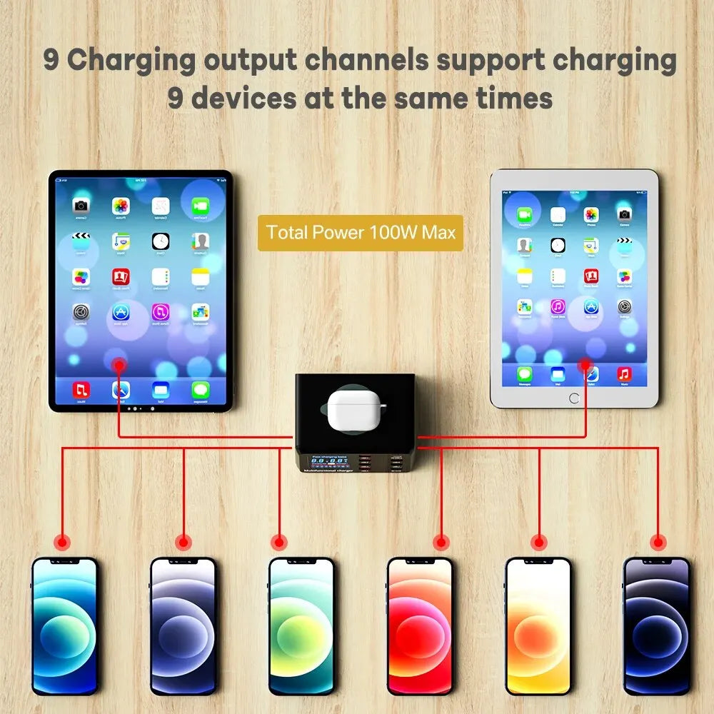 100W USB-C PD Desktop Charging Station with Wireless Charging & Display