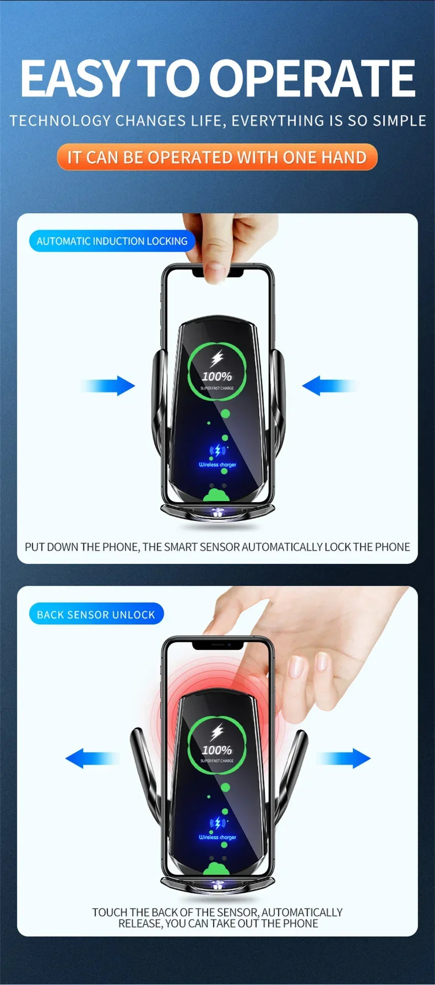 VIKEFON Qi 100W Wireless Car Fast Charger with Cooling Fan & One-Hand Operation