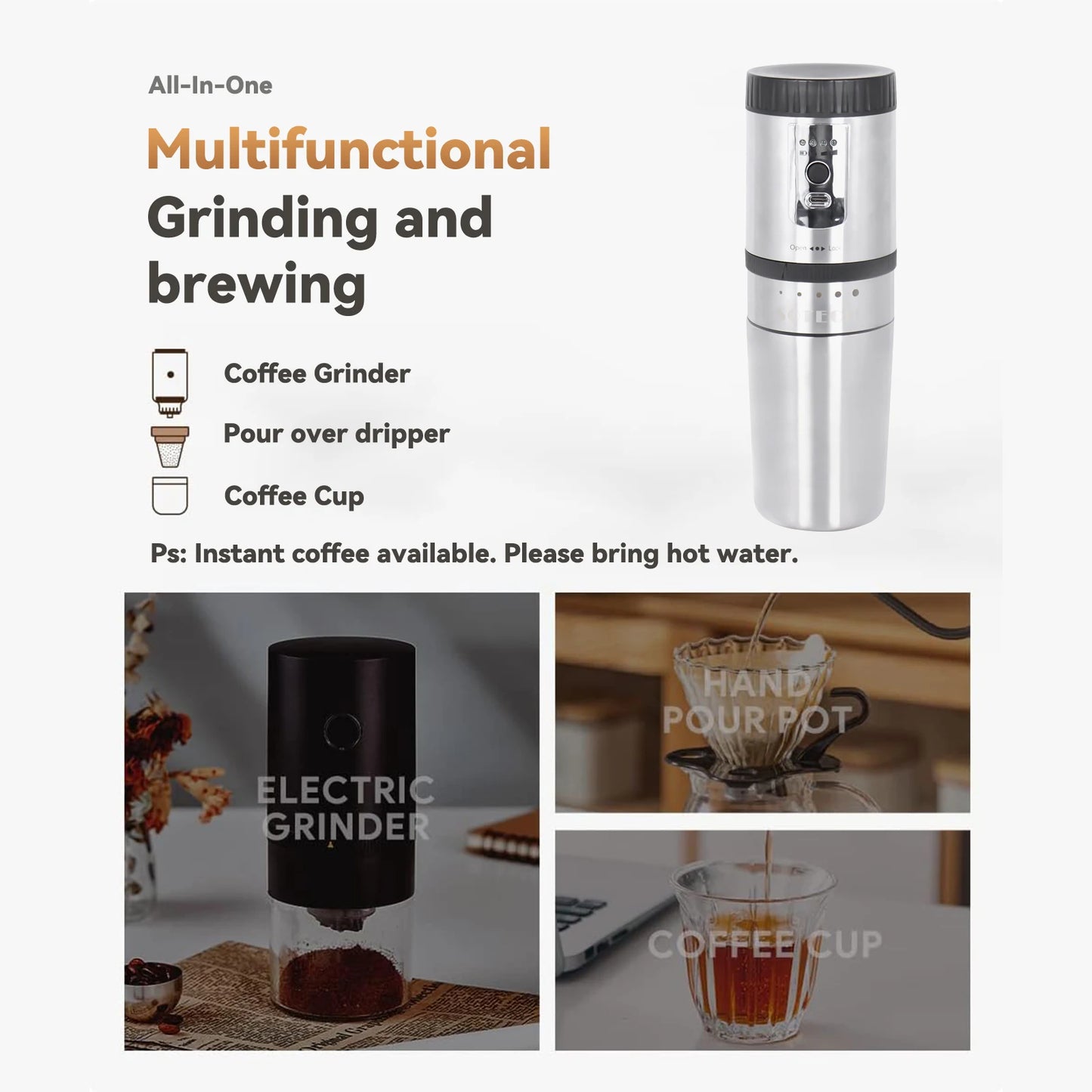 SENSEMAKE Portable Electric Coffee Maker with Grinder – Rechargeable 3-in-1 Travel Brewer