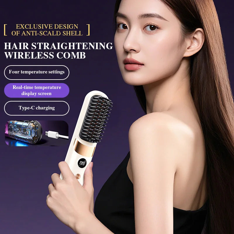 Wireless Hair Straightening & Curling Comb – Rechargeable Ceramic Hot Brush 200°C