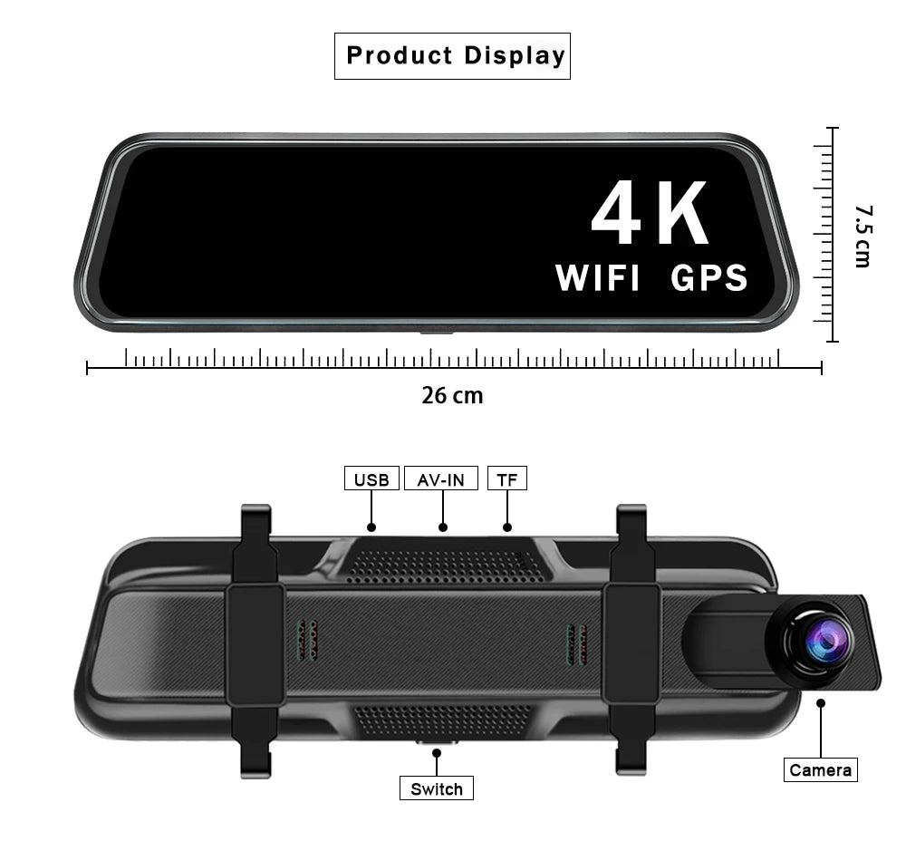 10″ 4K Rearview Mirror Dash Cam with WiFi & GPS – Front 4K + Rear 1080P Streaming DVR