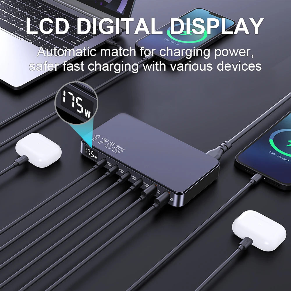 175W USB-C GaN Desktop Charger – LED Display, PD 100W, QC 60W Multi-Device